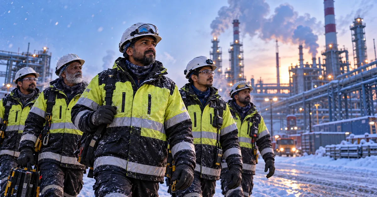 Indian skilled workers at an industrial site in Russia